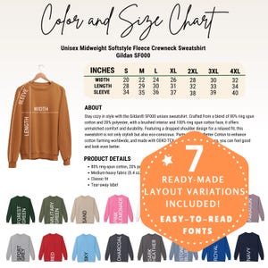 Gildan SF000 Color & Size Chart: Fleece Crewneck (Digital Download, Canva Editable)