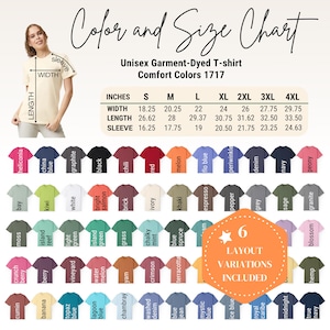 Editable Comfort Colors 1717 size color chart,Printify color chart,color chart 1717,color chart mockup,size chart 1717,comfort colors chart