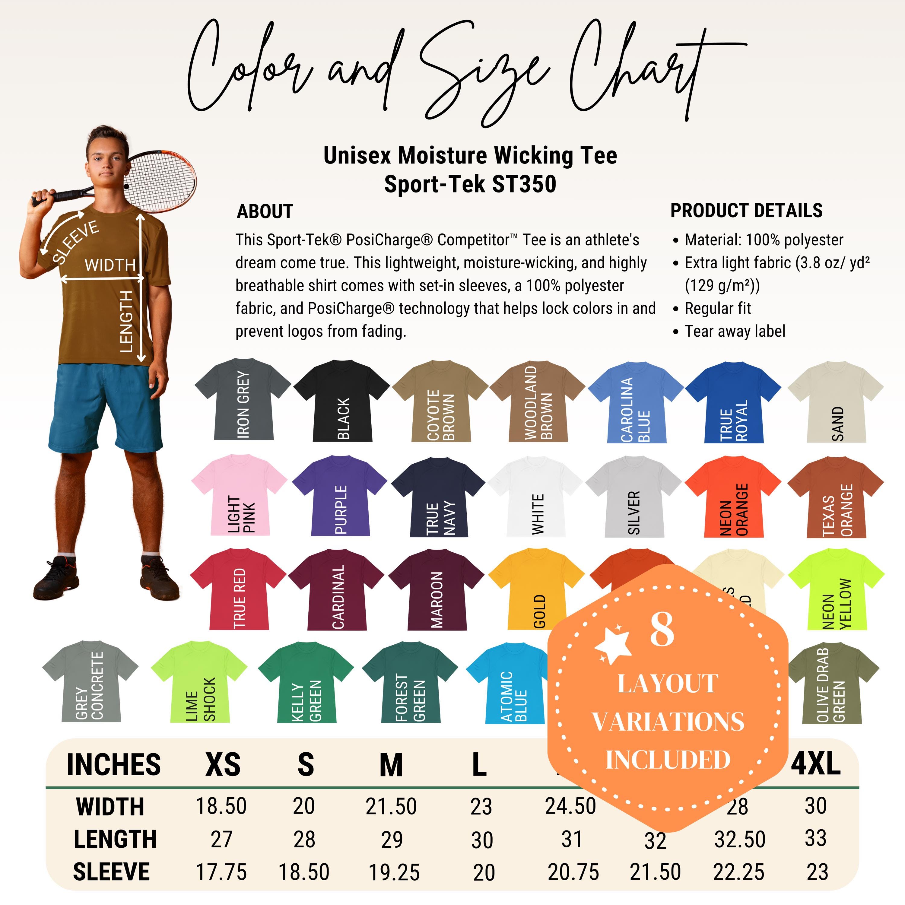 Sport-Tek ST350 Unisex Tee Size Chart: Editable Color Guide (Digital Download)