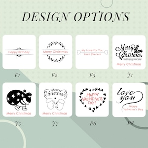 May include: A collection of design options featuring various text and graphic elements. Designs include "Happy Birthday," "Merry Christmas," "My Love For You," and "Happy Valentine's Day." Each design is displayed on a white square.