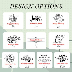 May include: A graphic featuring design options for various occasions. The designs include birthday and Mother's Day themes, with text such as "Happy Birthday" and "Happy Mother's Day." Each design is labeled with a letter and number combination.