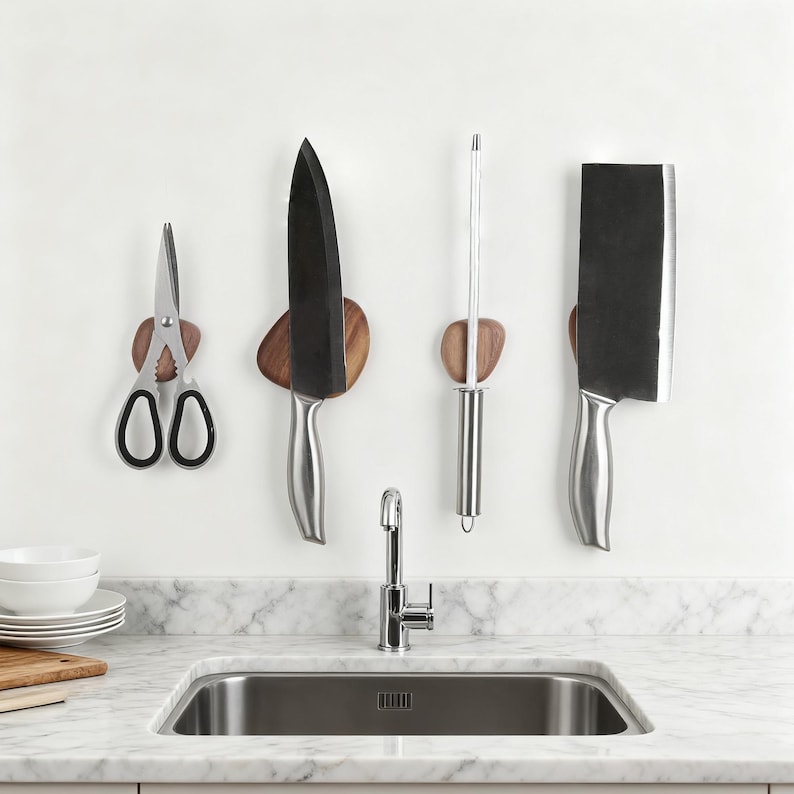 May include: A set of kitchen knives and scissors mounted on a white wall above a stainless steel sink. The knives include a chef's knife, cleaver, and sharpening steel, each held by a wooden magnetic holder. The scissors are also held by a wooden magnetic holder.