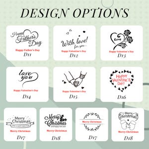 May include: A collection of design options featuring various holiday-themed graphics. Designs include text for Father's Day, Valentine's Day, and Christmas. The designs are in black and red, with decorative elements like hearts, flowers, and festive borders.
