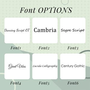 May include: An image displaying font options. The text "Font OPTIONS" is at the top. Six font samples are shown in white boxes, each with a different font name: Dancing Script OT, Cambria, Segoe Script, Great Vibes, Lucida Calligraphy, and Century Gothic.
