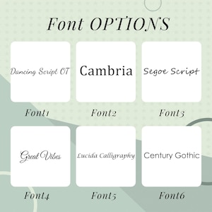 May include: An image displaying font options. The text "Font OPTIONS" is at the top. Six font samples are shown in white boxes, each with a different font name: Dancing Script OT, Cambria, Segoe Script, Great Vibes, Lucida Calligraphy, and Century Gothic.