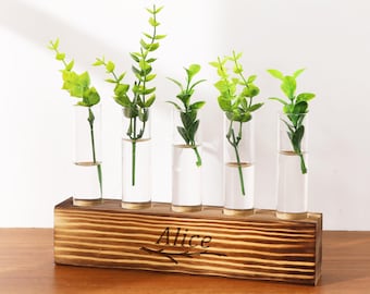Geburtstag kundenspezifische hölzerne Multi-Tube Hydrokulturvase, Indoor Tube Pflanzenvase mit Gravur, Desktop Blumenbehälter, Geschenk für Pflanzenliebhaber