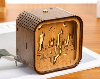 Fathers Day Gift Personalized Magic School Wooden Engraved 3D Night Light Music Box Customizable Lamp Wooden Music Box Magical Gift for Kids