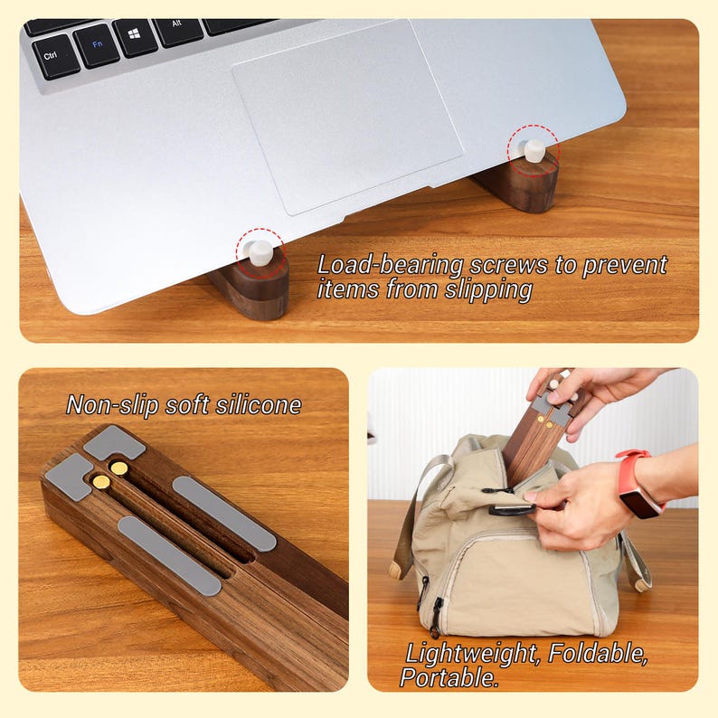 May include: A wooden laptop stand with load-bearing screws and non-slip silicone pads. The stand is lightweight, foldable, and portable. The image text reads "Load-bearing screws to prevent items from slipping" and "Lightweight, Foldable, Portable."
