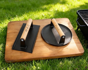 Fathers Day Gift Customized Cast Iron Burger Press – Personalized Wooden Handle Grill Press for BBQ Lovers, Perfect Gift for Him