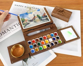 Fathers Day Personalized Engraved Foldable Watercolor Paint Box,Travel Portable Painting Kit,Mini Wood Watercolor Palette,Couple Gift
