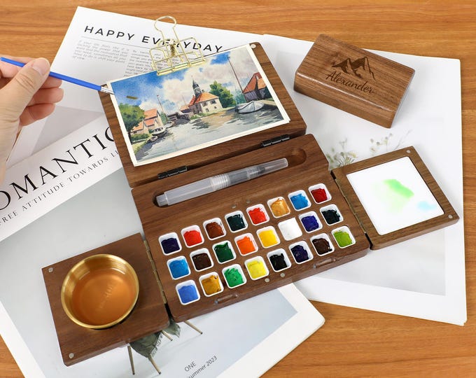 Fathers Day Personalized Engraved Foldable Watercolor Paint Box,Travel Portable Painting Kit,Mini Wood Watercolor Palette,Couple Gift