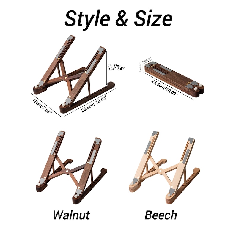 May include: Wooden laptop stands in walnut and beech finishes. The stands are adjustable, with dimensions of 25.5cm long, 18cm wide, and adjustable height from 10-17cm. The text "Style & Size", "Walnut", and "Beech" are visible.