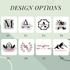 May include: A collection of design options featuring various monogram and personalized text layouts. Designs include the letter "M" in a decorative style, floral arrangements, and a cowboy hat with the name "Alexander".