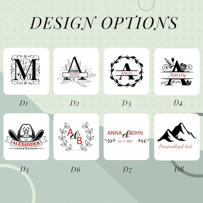 May include: A collection of design options featuring various monogram and personalized text layouts. Designs include the letter "M" in a decorative style, floral arrangements, and a cowboy hat with the name "Alexander".