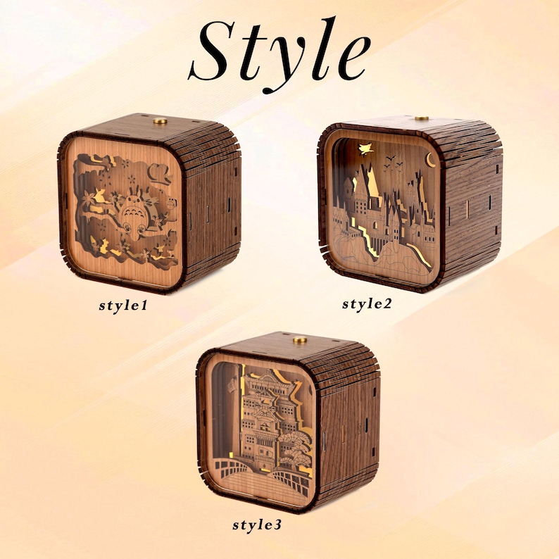 May include: Three wooden cube-shaped decorative boxes with intricate cut-out designs. The boxes feature different themes: a forest scene, a castle, and an Asian-style building. The word "Style" is at the top, and each box is labeled "style1", "style2", and "style3".