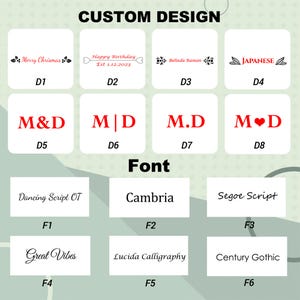 May include: Image displaying custom design options with text and font choices. Text examples include "Merry Chrismas," "Happy Birthday," and initials. Font options are shown, including Dancing Script OT and Cambria.