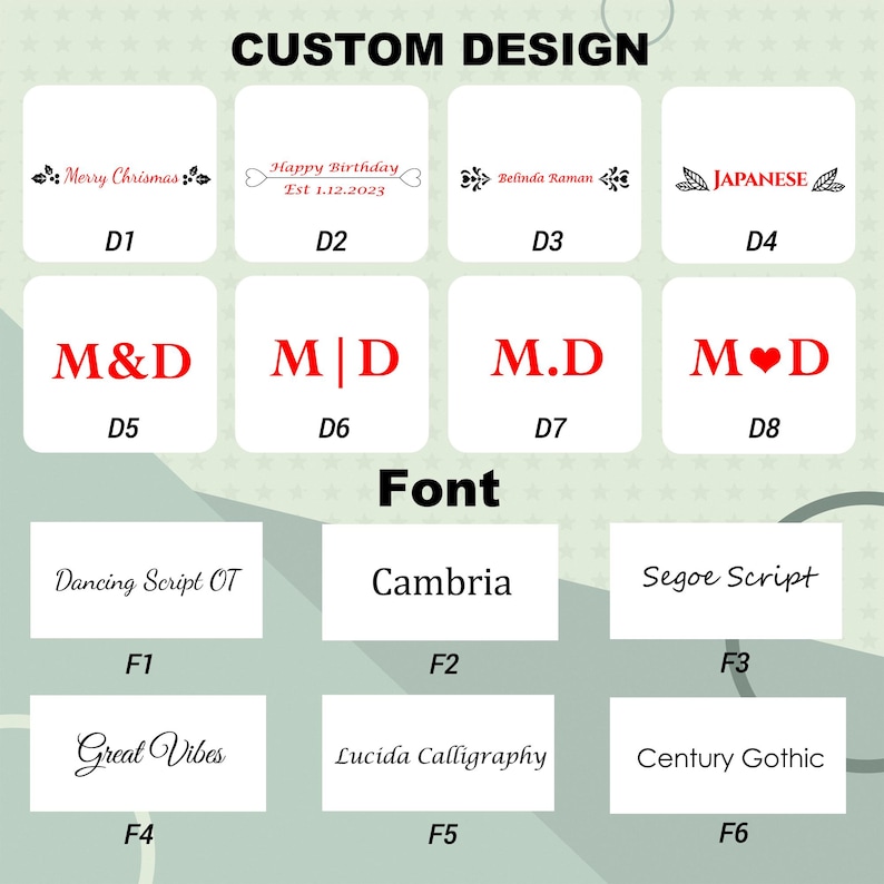 May include: Image displaying custom design options with text and font choices. Text examples include "Merry Chrismas," "Happy Birthday," and initials. Font options are shown, including Dancing Script OT and Cambria.