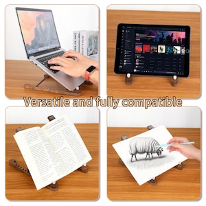 May include: A brown wooden adjustable stand, supporting a laptop, tablet, book, and drawing. The stand has an angled design. The image includes the text "Versatile and fully compatible".