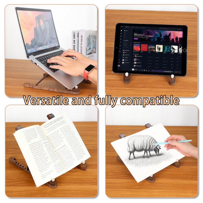 May include: A brown wooden adjustable stand, supporting a laptop, tablet, book, and drawing. The stand has an angled design. The image includes the text "Versatile and fully compatible".