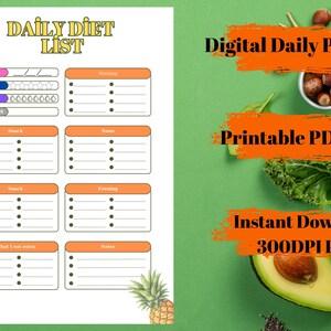 Printable Daily Diet Planner , Weight Loss Tracker , Meal Plan Template,Fitness Food Journal ,PDF Instant Download,Colorful Diet List