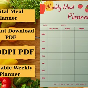 Wekelijkse maaltijdplanner, afdrukbare sjabloon maaltijdplan, digitale maaltijdplanner, pdf-download, wekelijks voedingsschema, directe download