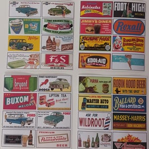 May include: A collection of vintage advertising signs featuring retro graphics and text. The signs promote various products and services, including cars, beer, food, and automotive services. The signs are arranged in a grid.
