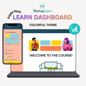 Op de afbeelding: Een laptop en smartphone tonen een "Learn Dashboard" met een kleurrijk thema. Het laptopscherm toont de tekst "Welcome to the Course!" en een afbeelding. De smartphone toont een cursusindeling.