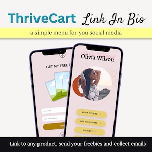 Pode incluir: Dois smartphones exibem um menu de mídia social. Uma tela mostra um formulário para obter um e-book gratuito, a outra apresenta uma foto e opções de menu: Work With Me, Get The Course e Podcast. O texto diz "ThriveCart Link In Bio."
