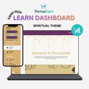 Op de afbeelding: Een digitaal display met een "Learn Dashboard" met een "Spiritueel Thema". De afbeelding bevat een smartphone met een zijbalkindeling en een laptopscherm met de tekst "Welcome To The Course!" en "Kajabi Style."