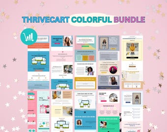 May include: A collection of 18 colorful email templates for use with the ThriveCart platform. The templates feature a variety of designs and layouts, including images, text, and buttons. The templates are designed to help businesses promote their products and services.