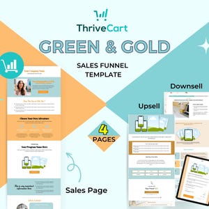 Plantilla de embudo de ventas de 4 páginas de Green & Gold ThriveCart
