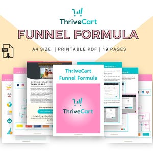 Puede incluir: Una colección de documentos titulada "Funnel Formula" de ThriveCart. Los documentos están en formato PDF, tamaño A4 y contienen 19 páginas. La portada del documento principal es rosa con el logotipo de ThriveCart y el título. Otros documentos son visibles.