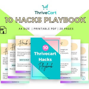 Może przedstawiać: Stos drukowanych dokumentów PDF zatytułowanych "10 Hacks Playbook" autorstwa ThriveCart. Okładka jest turkusowa i różowa z tytułem w kolorze białym i czarnym. Dokumenty są w formacie A4 i mają 20 stron.