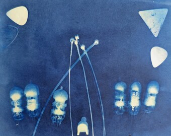 Abstract Musician Guitar Strings Amplifier Tubes Picks Cyanotype Handmade Unique Artwork 8x10 matted to 11x14