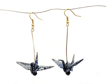 Indigo Aizome Washi Origami Crane Earrings with Blue Beads