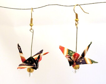 Red Green Violet Gold Abstract Patterned Origami Crane Earrings with Gold-Tone and Crystal Beads