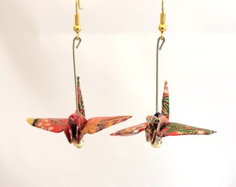 Red Green Gold Abstract Patterned Origami Crane Earrings with Gold-Tone Beads
