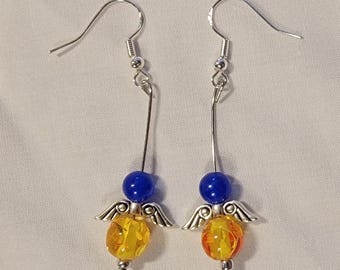 Handmade Ukrainian Guardian Angel Blue and Yellow Bead Drop Earrings