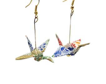 Elegant Textured Gold Patterned Origami Crane Earrings with Gold-Tone Beads