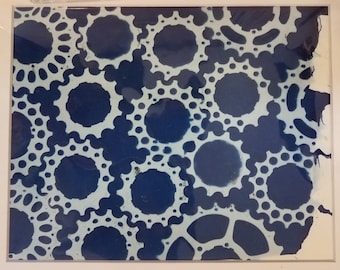 Abstract Bicycle Gears Steampunk Cyanotype Handmade Unique Artwork 8x10 matted to 11x14
