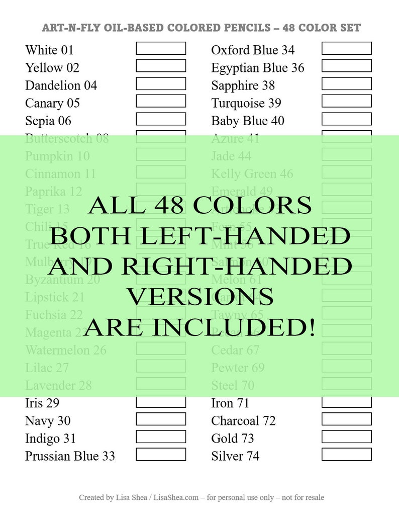 Artnfly Color Chart for 48 Artist Grade Oil Based Colored Pencil Set