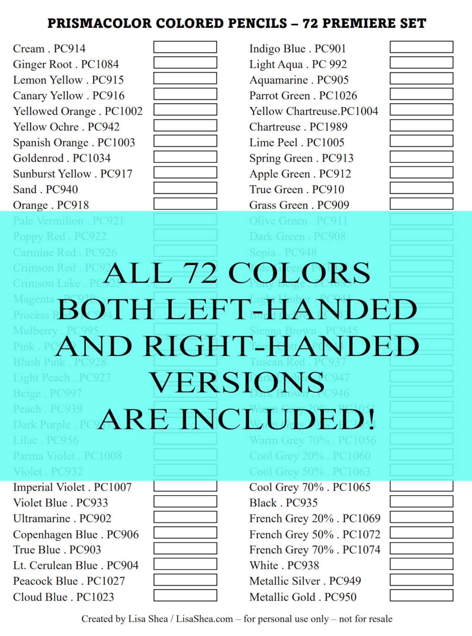 Prismacolor Premier Color Chart for 72 Colored Pencil Set Swatch Sheet ...