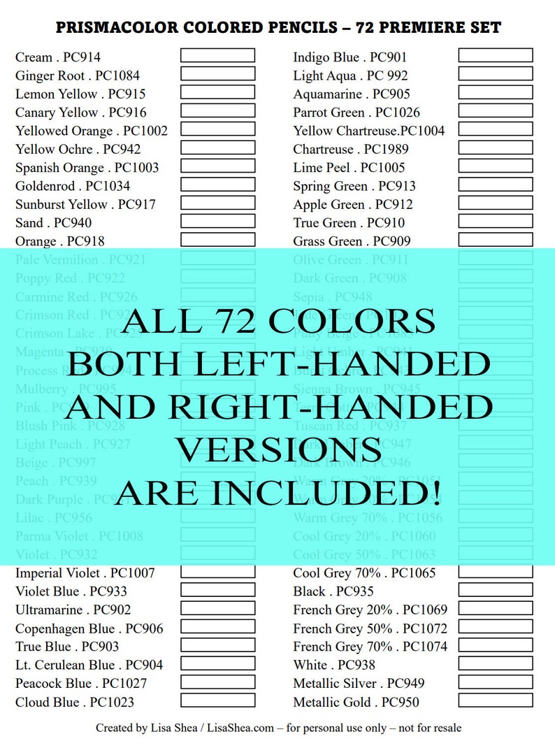Prismacolor Premier Color Chart for 72 Colored Pencil Set Swatch Sheet