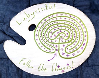 Meditative Labyrinth Acrylic Hand-Painted Wooden Palette Artwork
