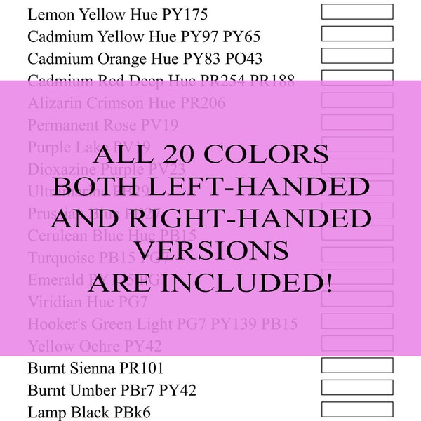 Winsor & Newton Cotman Color Chart for 20 Watercolor Tube Set Swatch Sheet Digital Download
