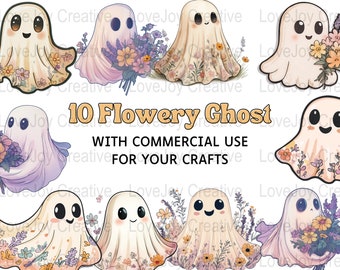 Coquette Blommig Halloween Spöke Clipart Png | Boho Halloween Clipart | Retro Blommig Spöke | Spöklik Säsong Clipart | Söt Spöke