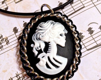 Victorian Gothic Skull Cameo Chainmail Wrapped Pendant