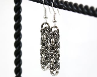 Gunmetal Niobium and Sterling Silver Byzantine Chainmail Earrings