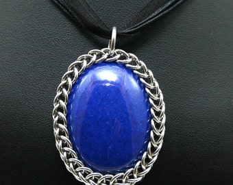 Dark Blue Mountain Jade Wrapped in Chainmail