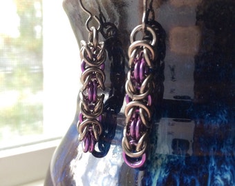 Purple and Gunmetal Niobium Byzantine Chainmail Earrings